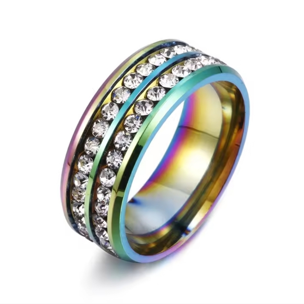 Elegant Unisex Multicolor Stainless Steel Crystal Band Ring